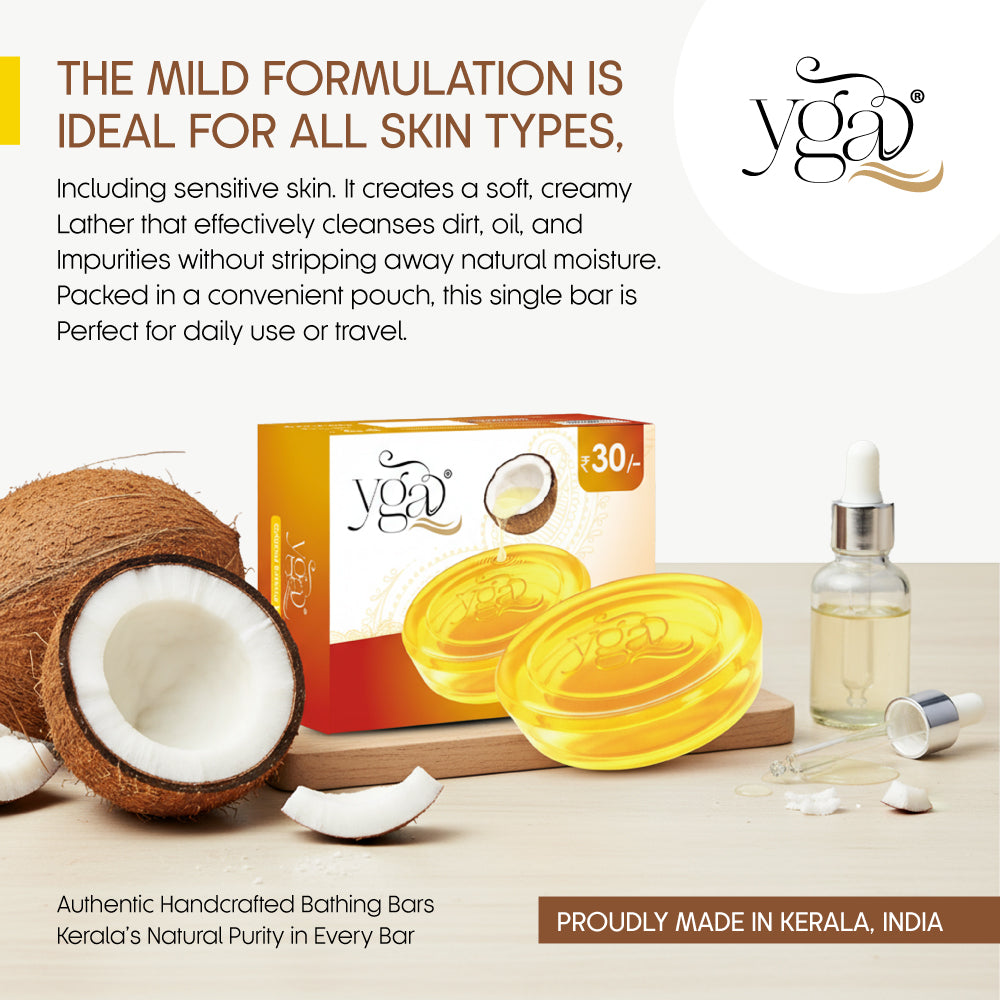 YGA bath bar packaging with coconuts and oil on a light background