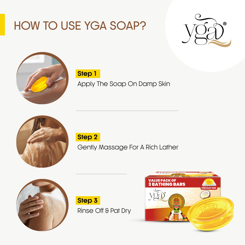 Instructions on how to use Yga soap with step-by-step guide and product packaging.