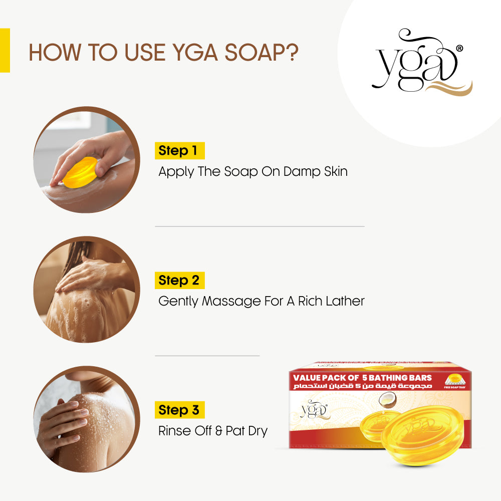 Instructions on how to use YGA soap with step-by-step guide and product packaging.