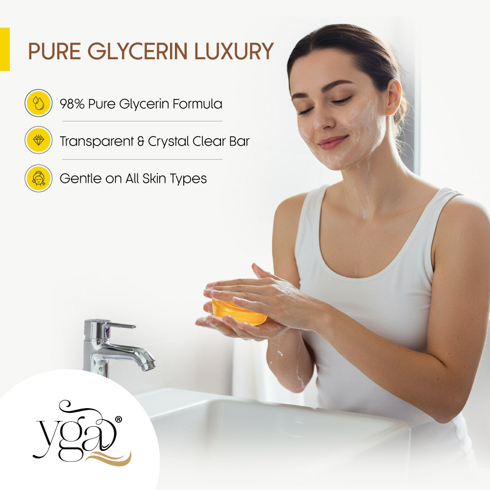 Woman holding a clear soap bar with 'Yoga' branding, emphasizing pure glycerin luxury.