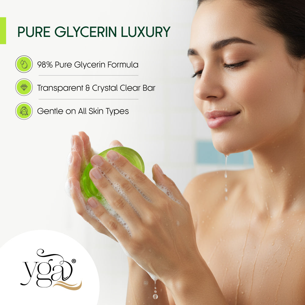 Woman holding a green glycerin soap bar with product features listed on a white background.