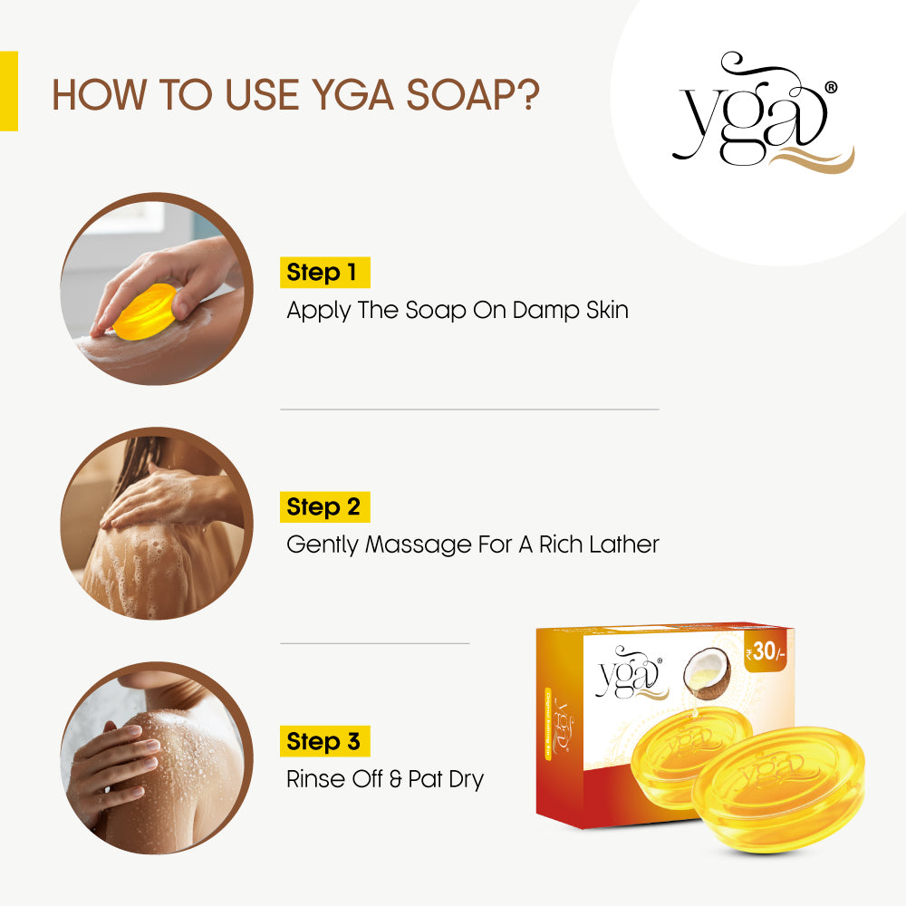 Instructions on how to use YGA soap with step-by-step guide and product packaging.
