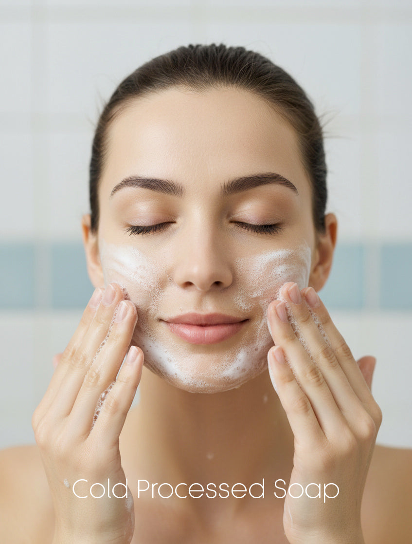 Woman applying a face mask with text 'Cold Processed Soap' on a blurred background