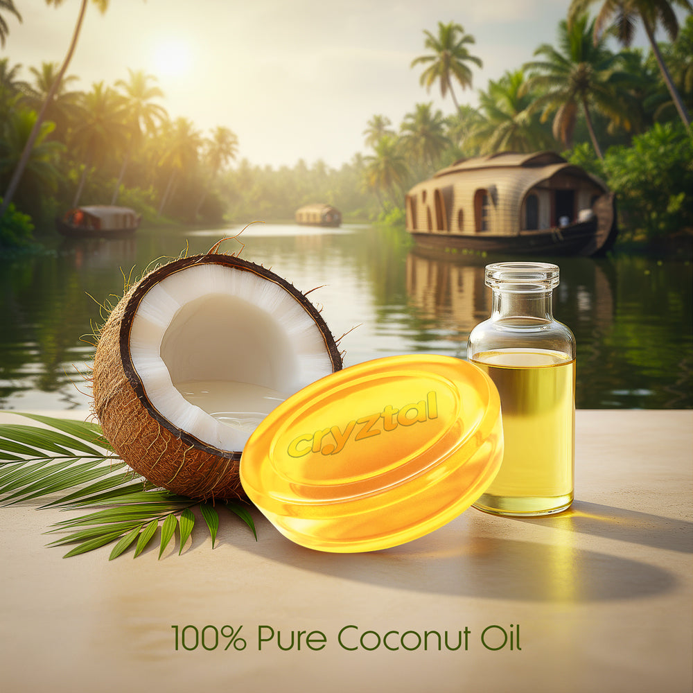 Coconut, coconut oil bottle, and soap with a tropical background