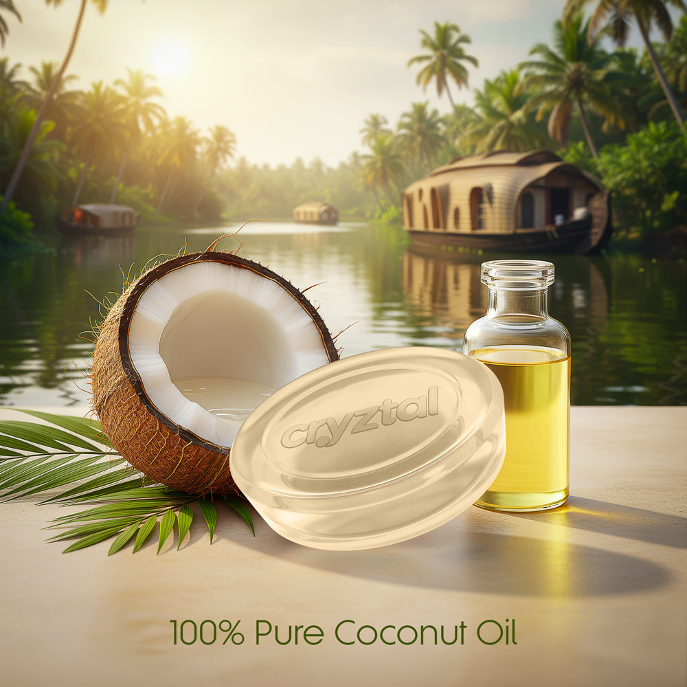 Coconut oil bottle and bar with a coconut half on a wooden surface, with a tropical landscape in the background.