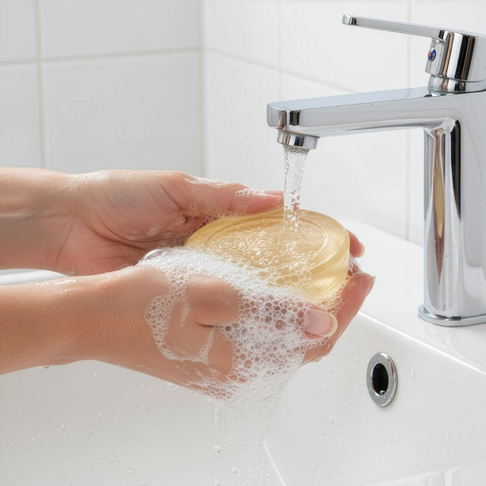 Hand washing a yellow sponge under running water from a faucet.
