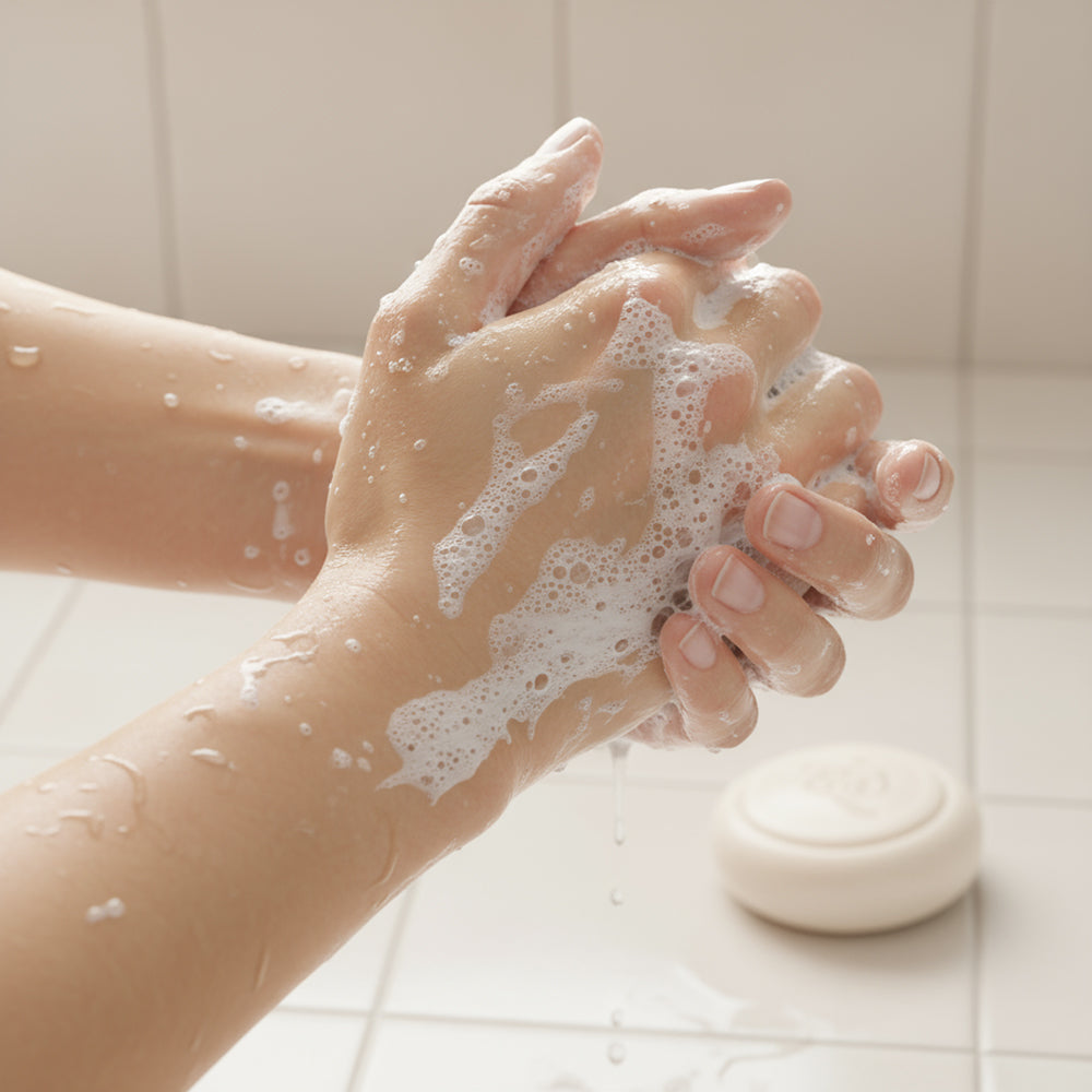 Person washing hands with soap and water on a tiled bathroom floor.