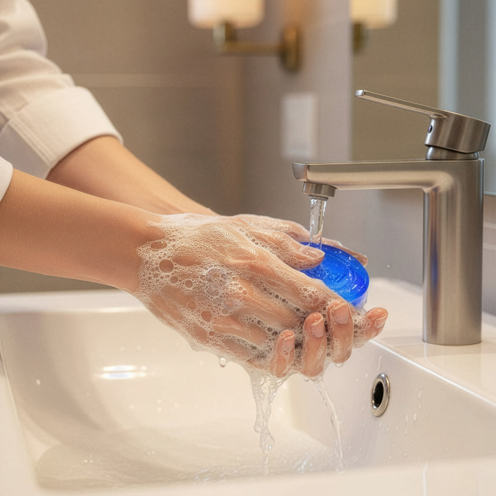 Person washing hands with soap under a faucet in a bathroom setting