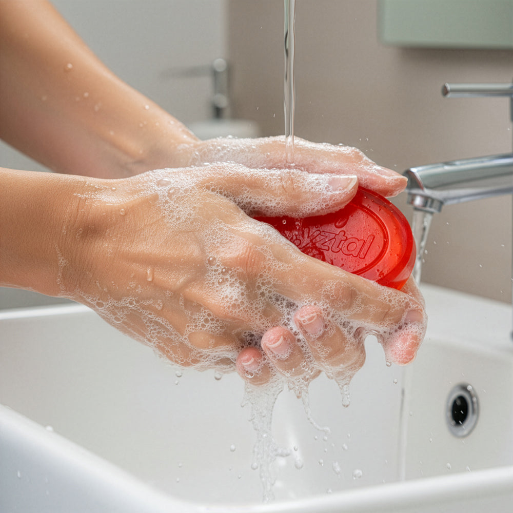 Person washing hands with a red soap bar in a sink