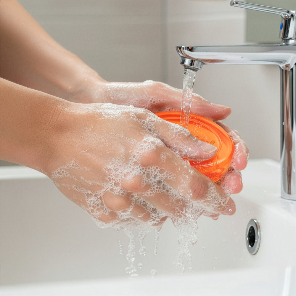 Person washing an yga soap under running water in a sink.