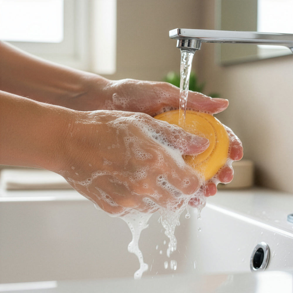 Person washing a sponge under running water in a sink