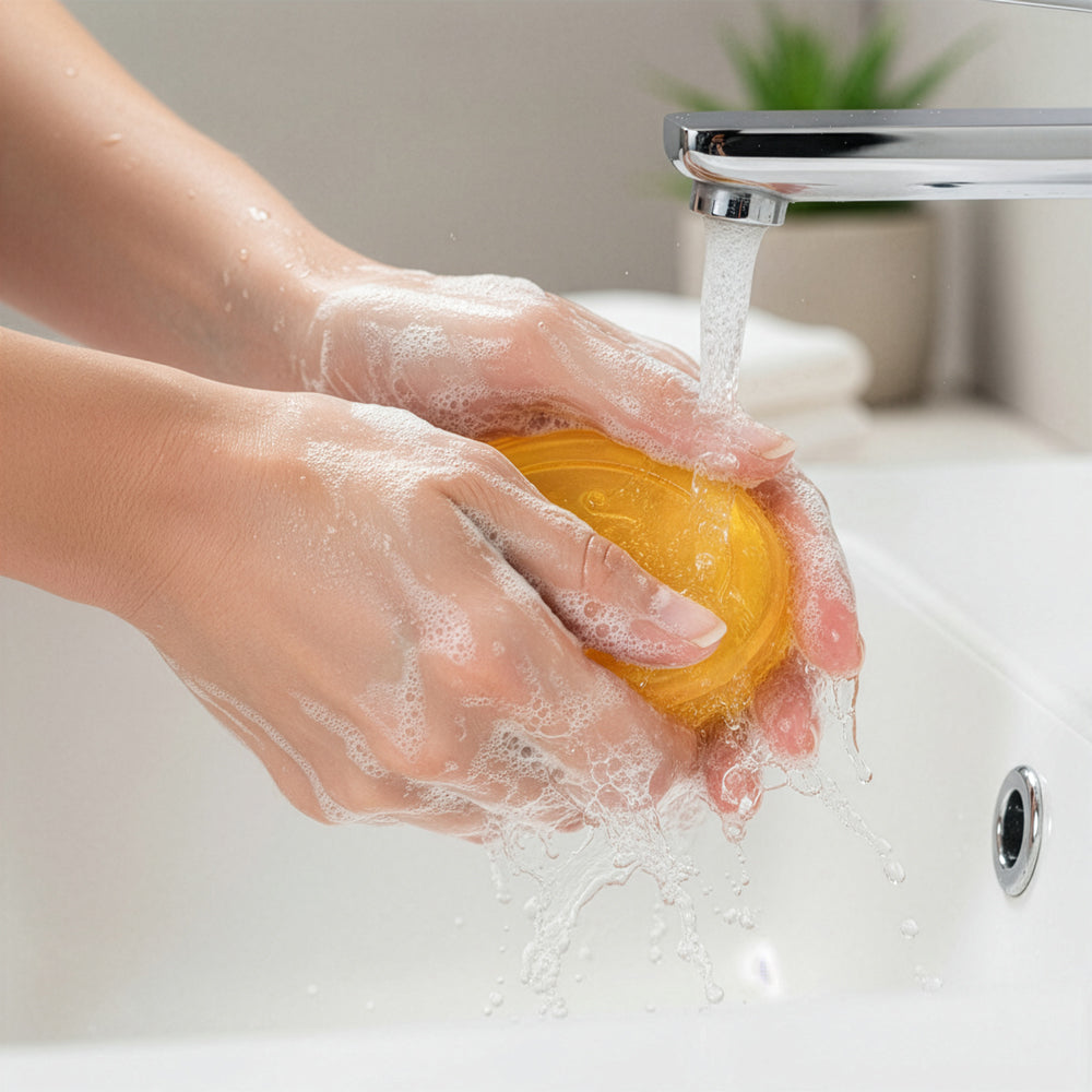 Person washing a yellow yga soap under running water in a sink.