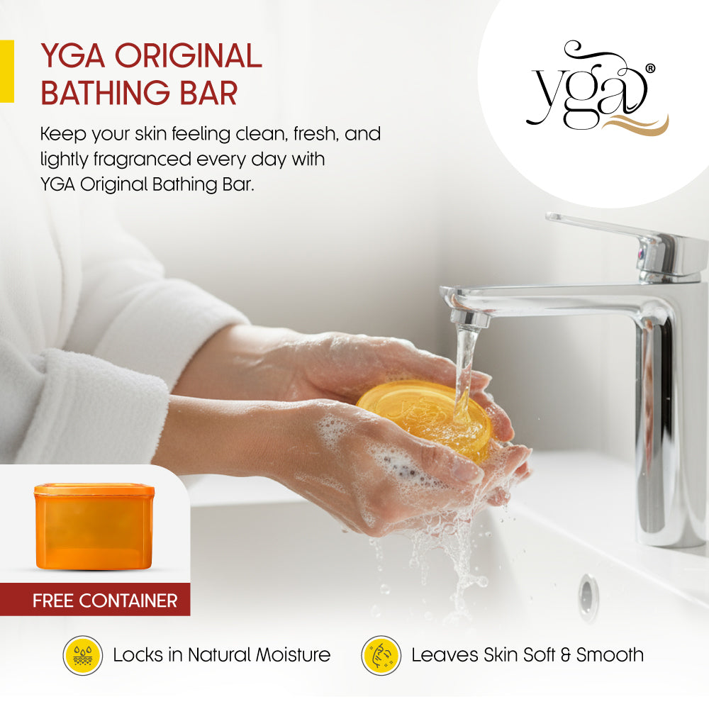 Advertisement for YGA Original Bathing Bar showing hands washing with soap under running water.