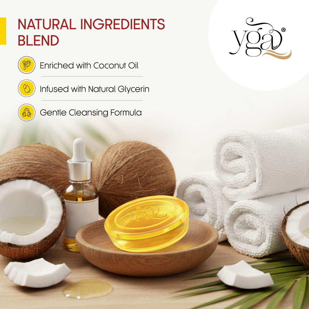YGA natural ingredients blend with coconuts, oil, and soap on a wooden board.