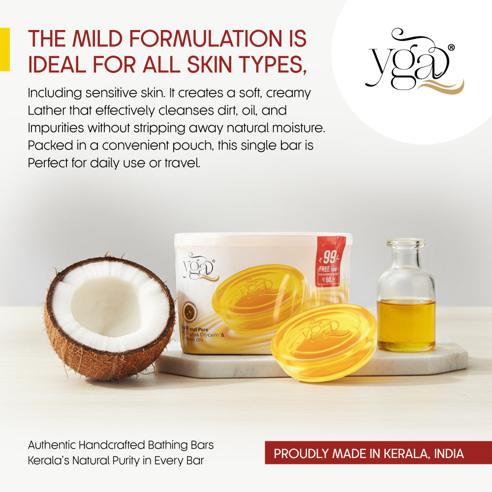 YGA bath products including soap, coconut, and oil on a white background with text about skin care.