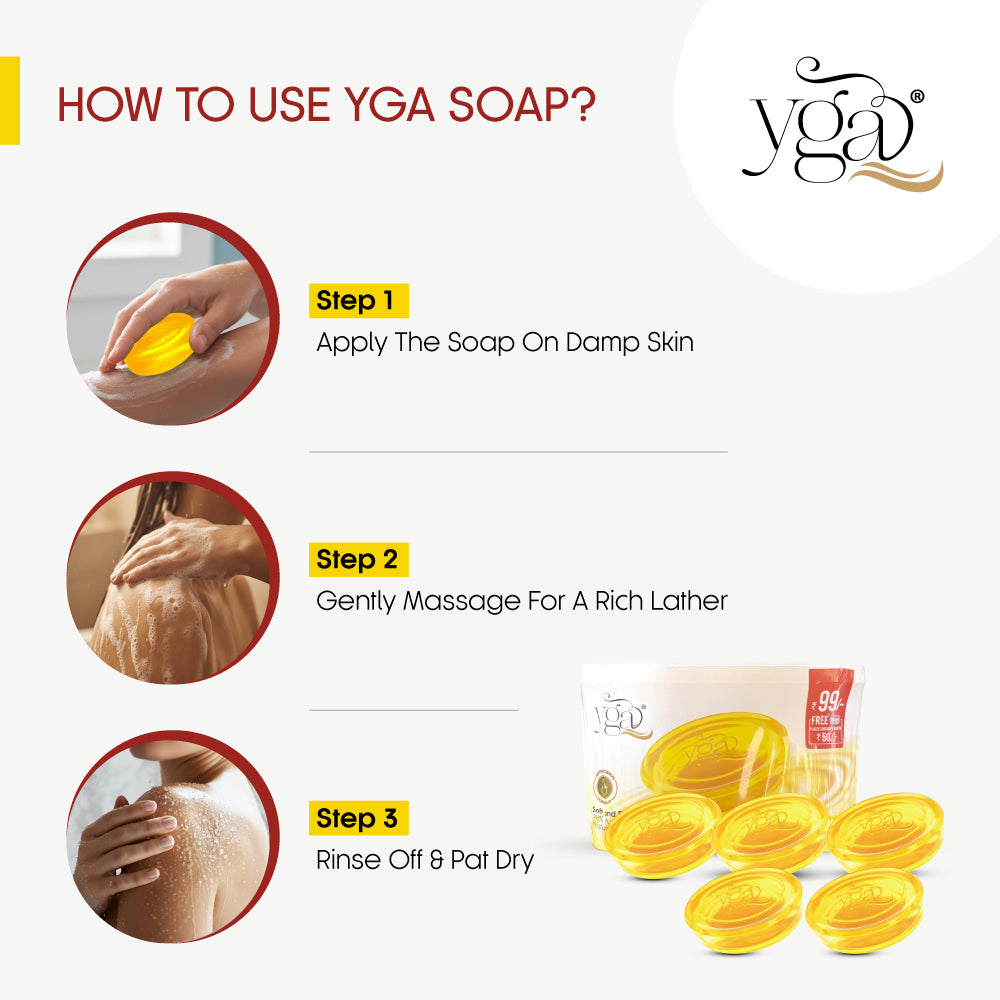 Instructions on how to use YGA soap with step-by-step guide and product display.