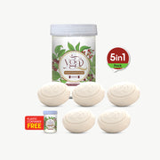 Yoga brand soap set with packaging and plastic container free label on a white background