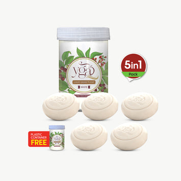 Yoga brand soap set with packaging and plastic container free label on a white background