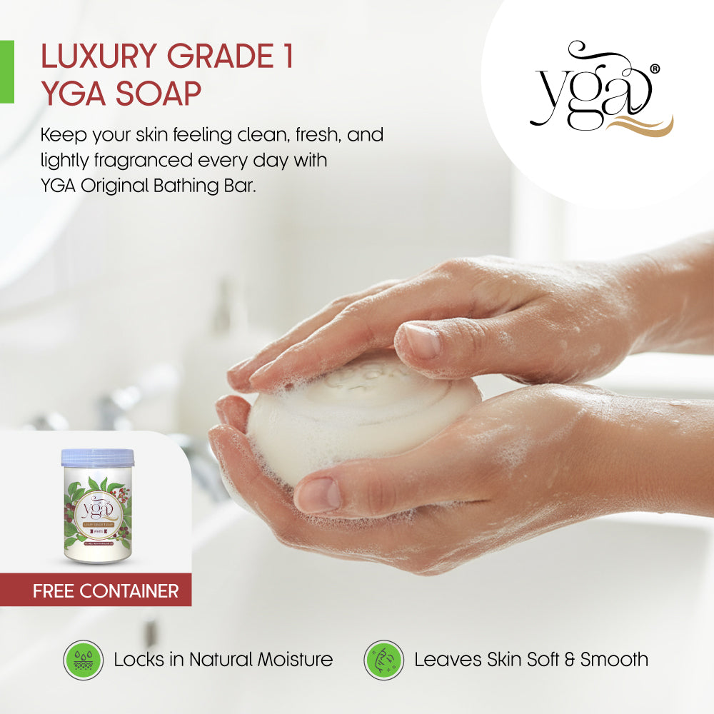 Advertisement for YGA soap with hands holding a bar of soap and product packaging.