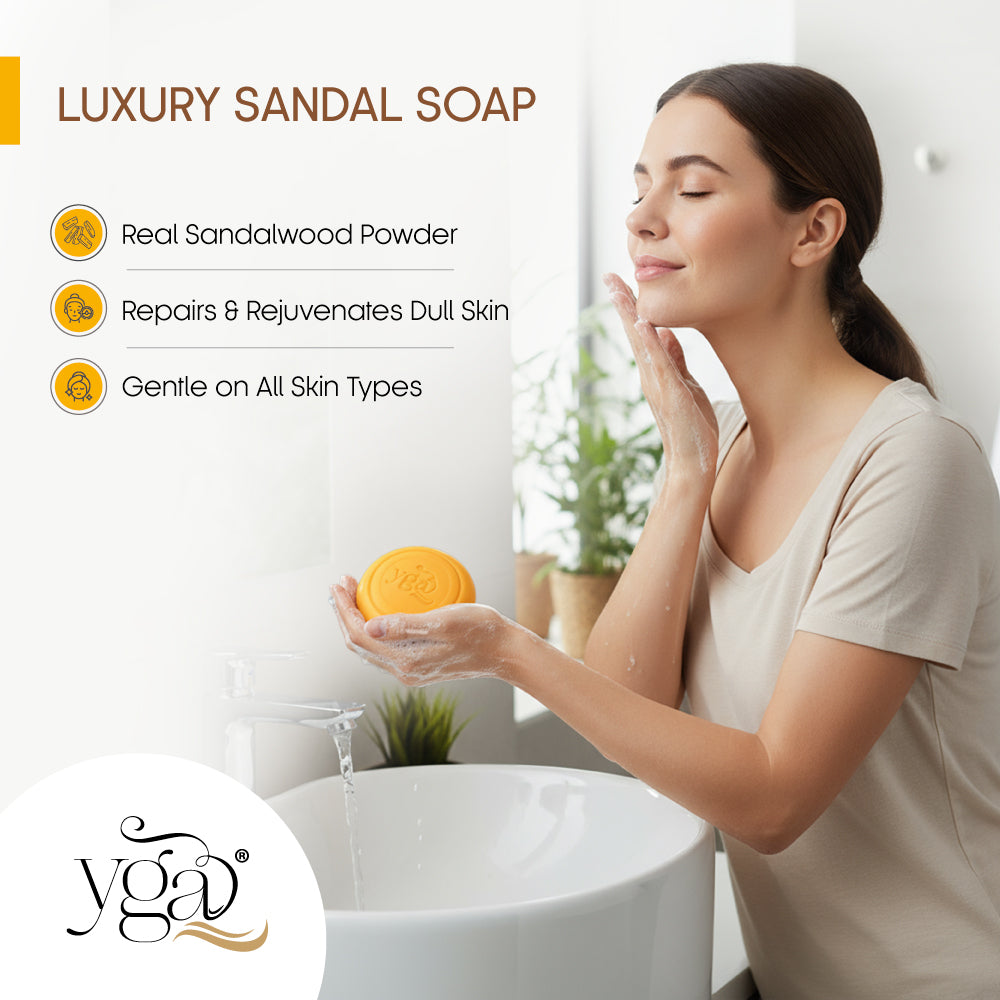 Woman washing her face with an orange sandal soap bar near a bathroom sink, with text highlighting real sandalwood powder, skin rejuvenation, and gentle formula.