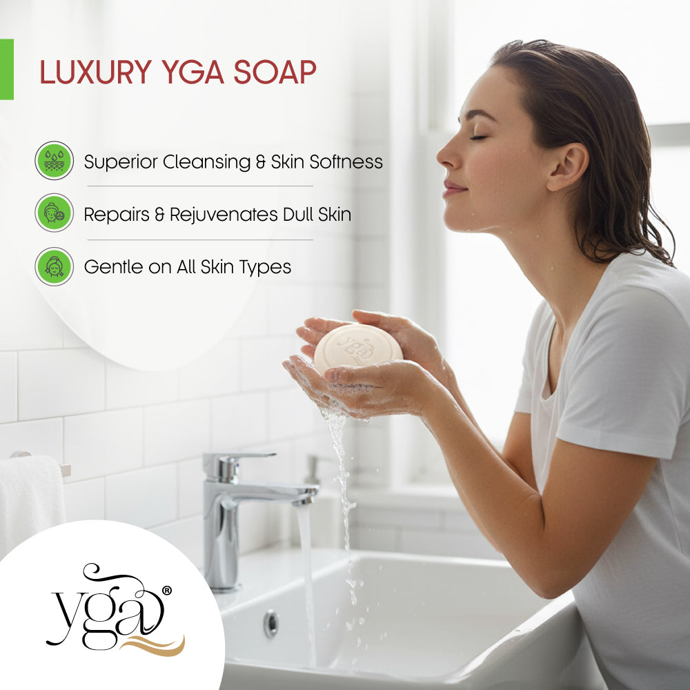 Woman holding a Luxury Yoga Soap in a bathroom setting with product benefits listed.