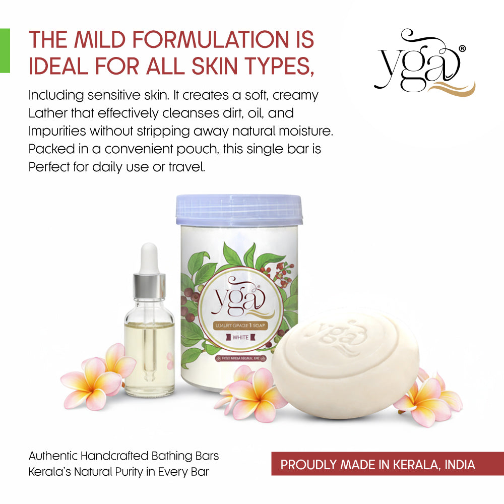 YGA skincare products including a bottle, jar, and soap with text about skin care benefits on a white background.