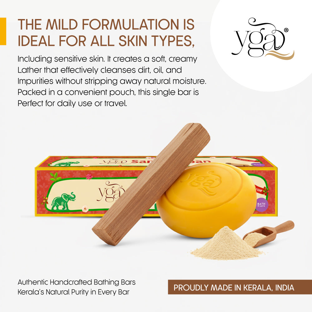 YGA sandal soap bar displayed with its packaging, sandalwood stick, and sandalwood powder, alongside text about its mild, moisture-friendly formula suitable for all skin types.