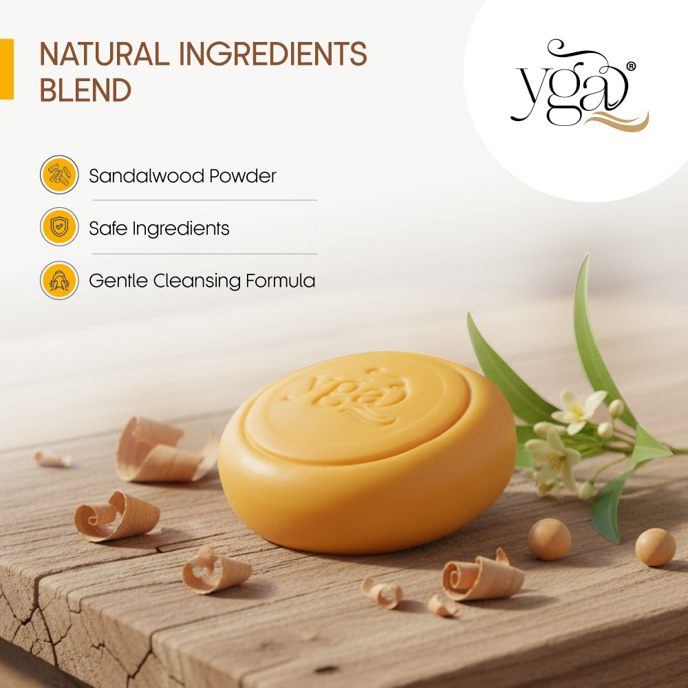 Orange sandal soap bar placed on a wooden surface with sandalwood shavings and small white flowers, alongside text highlighting natural ingredients and gentle cleansing.