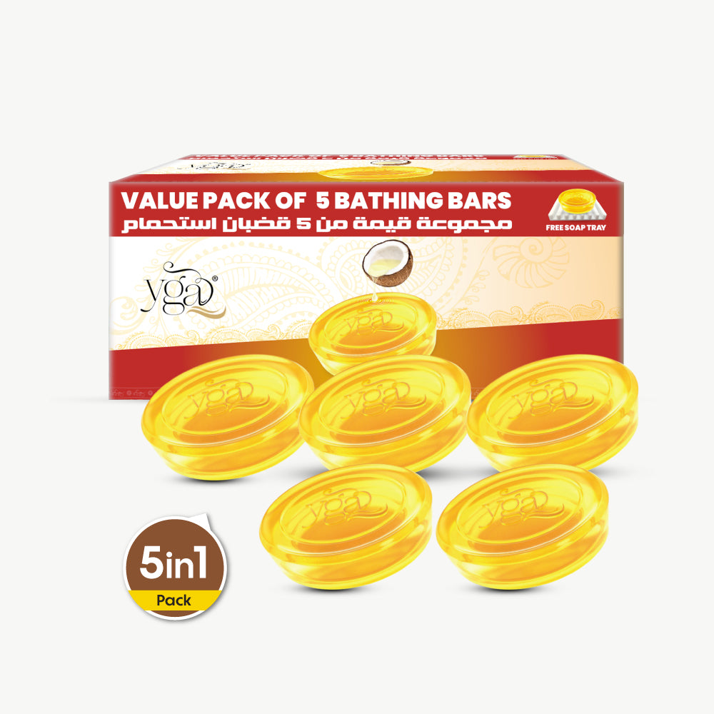 Box of 5 yellow bathing bars with a red label on a white background